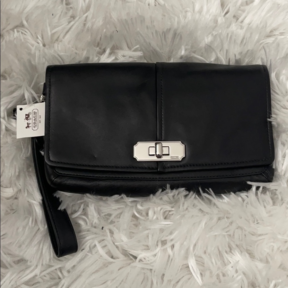 New Coach black leather clutch wristlet #45889